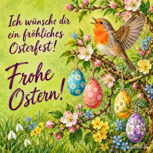 Rotkehlchen singt auf einem blühenden Zweig mit hängenden Ostereiern, Text: Ich wünsche dir ein fröhliches Osterfest! Frohe Ostern!