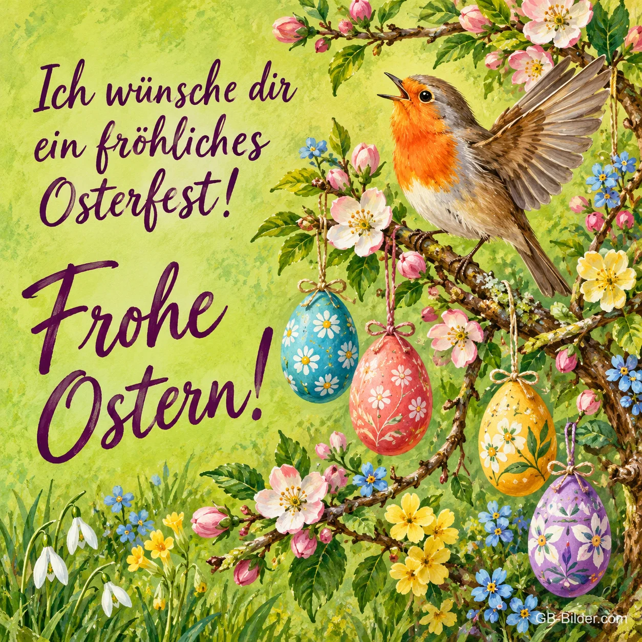 Rotkehlchen singt auf einem blühenden Zweig mit hängenden Ostereiern, Text: Ich wünsche dir ein fröhliches Osterfest! Frohe Ostern! Rotkehlchen singt auf einem blühenden Zweig mit hängenden Ostereiern, Text: Ich wünsche dir ein fröhliches Osterfest! Frohe Ostern!