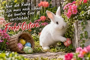 Weißer Hase versteckt ein Osterei im Blumenbeet, Text: Nur die Ruhe! Ich muss noch schnell die bunten Eier verstecken! Frohe Ostern