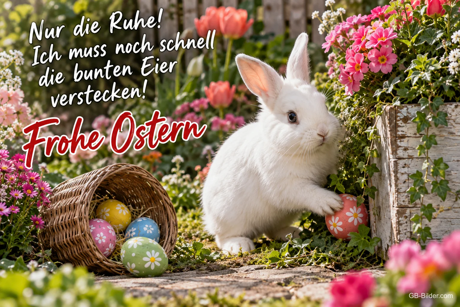 Weißer Hase versteckt ein Osterei im Blumenbeet, Text: Nur die Ruhe! Ich muss noch schnell die bunten Eier verstecken! Frohe Ostern Weißer Hase versteckt ein Osterei im Blumenbeet, Text: Nur die Ruhe! Ich muss noch schnell die bunten Eier verstecken! Frohe Ostern