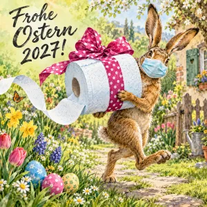 Hase mit Maske trägt eine Rolle Klopapier mit Schleife, Text: Frohe Ostern 2027!