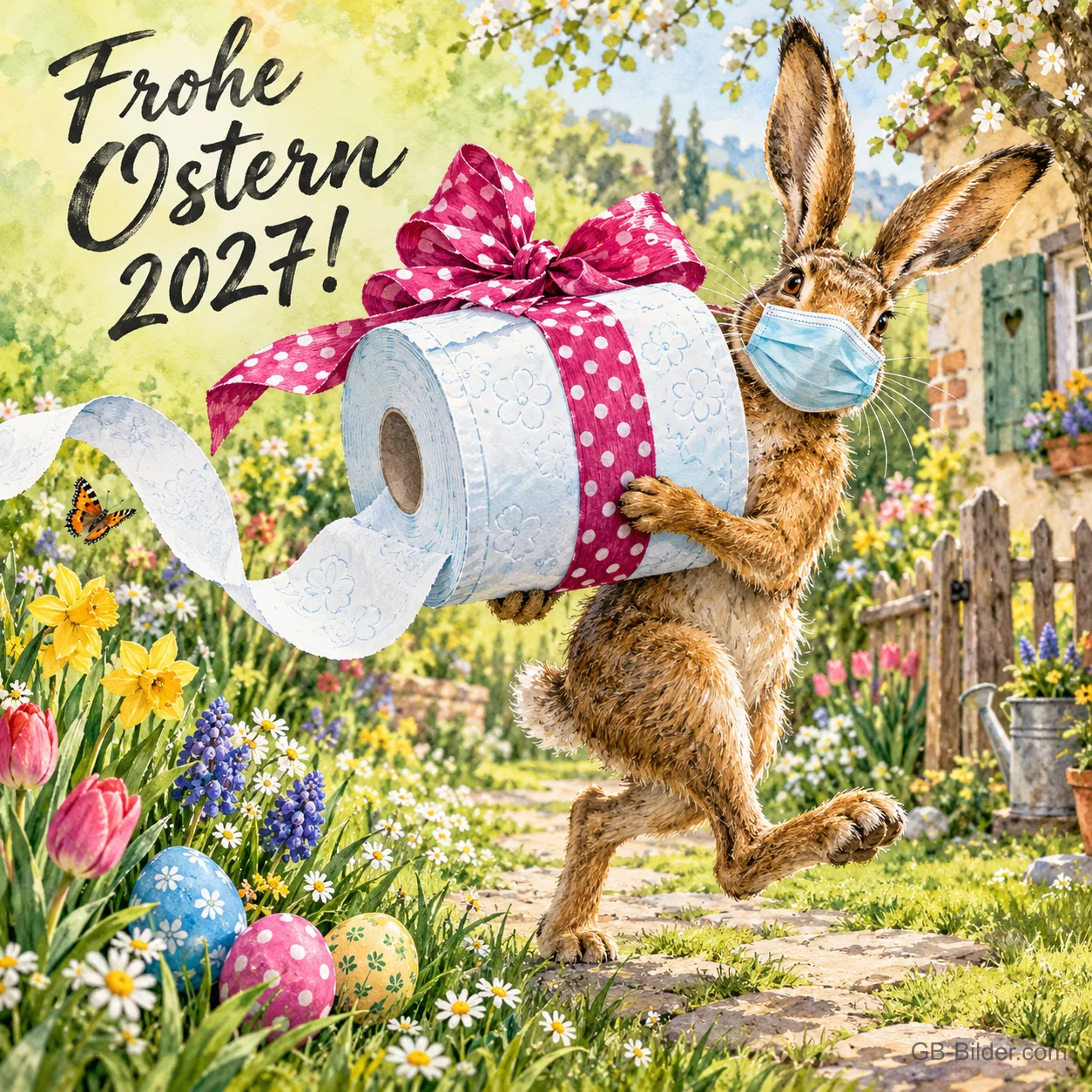 Hase mit Maske trägt eine Rolle Klopapier mit Schleife, Text: Frohe Ostern 2027! Hase mit Maske trägt eine Rolle Klopapier mit Schleife, Text: Frohe Ostern 2027!