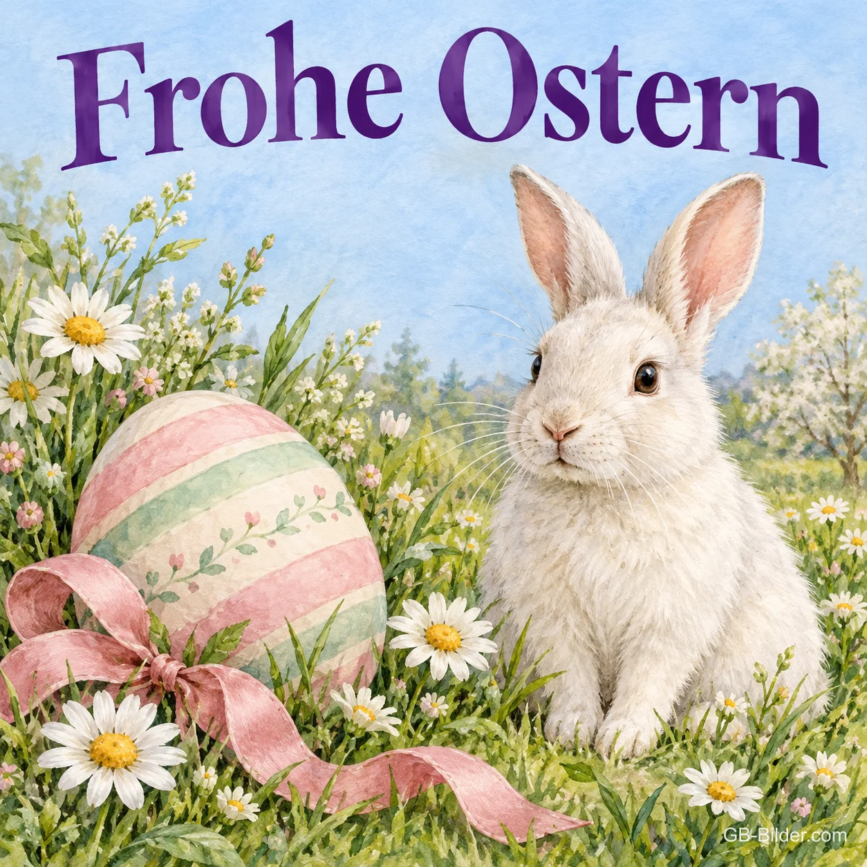 Weißer Hase neben einem großen bemalten Osterei mit Schleife, Text: Frohe Ostern