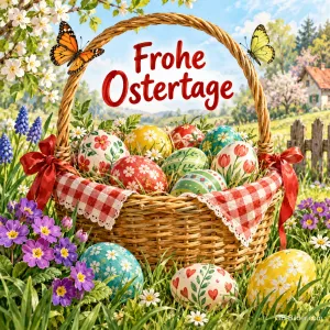 Korb mit bunten Ostereiern und karierter Decke zwischen Schmetterlingen, Text: Frohe Ostertage