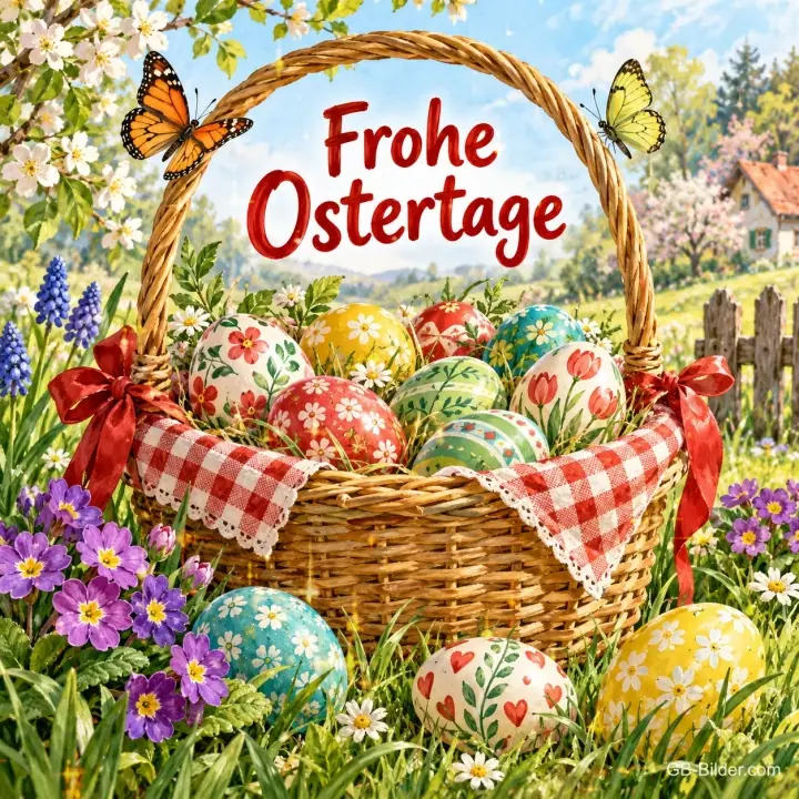 Korb mit bunten Ostereiern und karierter Decke zwischen Schmetterlingen, Text: Frohe Ostertage Korb mit bunten Ostereiern und karierter Decke zwischen Schmetterlingen, Text: Frohe Ostertage