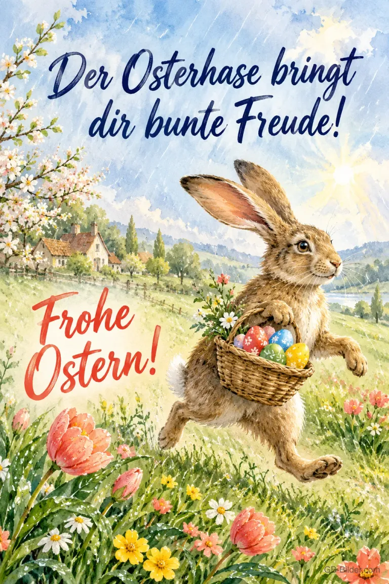 Hase hoppelt mit einem Eierkorb über eine Frühlingswiese, Text: Der Osterhase bringt dir bunte Freude! Frohe Ostern!