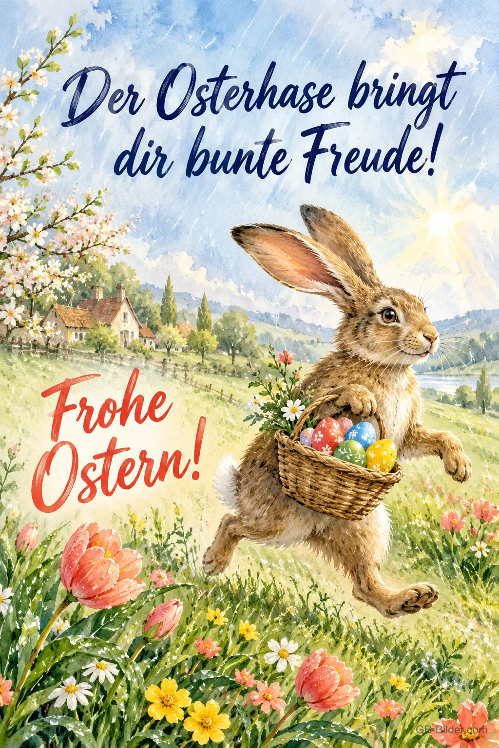 Hase hoppelt mit einem Eierkorb über eine Frühlingswiese, Text: Der Osterhase bringt dir bunte Freude! Frohe Ostern! Hase hoppelt mit einem Eierkorb über eine Frühlingswiese, Text: Der Osterhase bringt dir bunte Freude! Frohe Ostern!