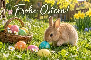 Hase schnuppert an Ostereiern neben einem Korb, Text: Frohe Ostern!