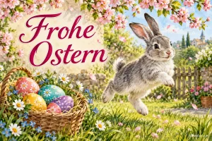 Hase springt unter Kirschblüten neben einem Eierkorb, Text: Frohe Ostern