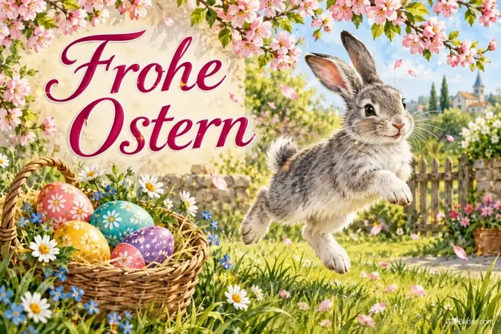 Hase springt unter Kirschblüten neben einem Eierkorb, Text: Frohe Ostern Hase springt unter Kirschblüten neben einem Eierkorb, Text: Frohe Ostern