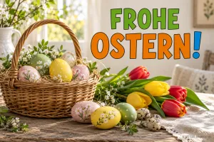 Korb mit Ostereiern und bunten Tulpen auf einem Tisch, Text: Frohe Ostern!