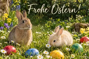 Zwei Hasen sitzen zwischen bunten Ostereiern auf der Wiese, Text: Frohe Ostern!