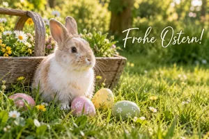 Kaninchen vor einem Korb mit Ostereiern im Gras, Text: Frohe Ostern!