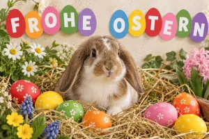 Widderkaninchen im Stroh, darüber Eier mit den Buchstaben FROHE OSTERN, Text: FROHE OSTERN