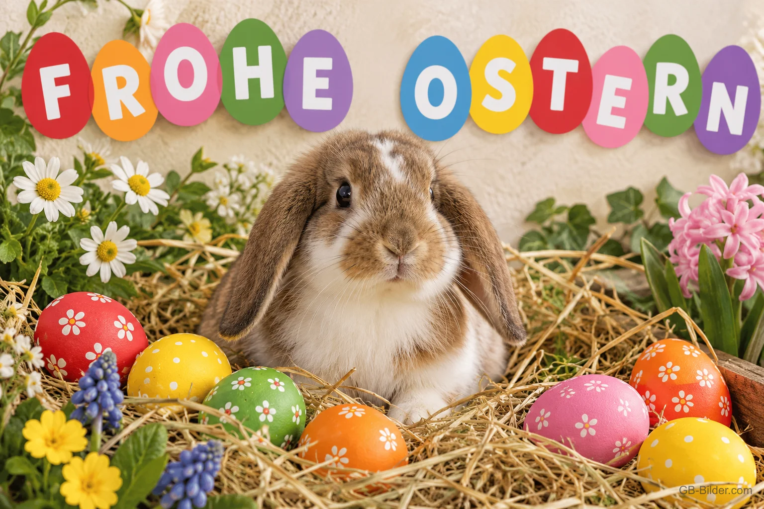 Widderkaninchen im Stroh, darüber Eier mit den Buchstaben FROHE OSTERN, Text: FROHE OSTERN Widderkaninchen im Stroh, darüber Eier mit den Buchstaben FROHE OSTERN, Text: FROHE OSTERN
