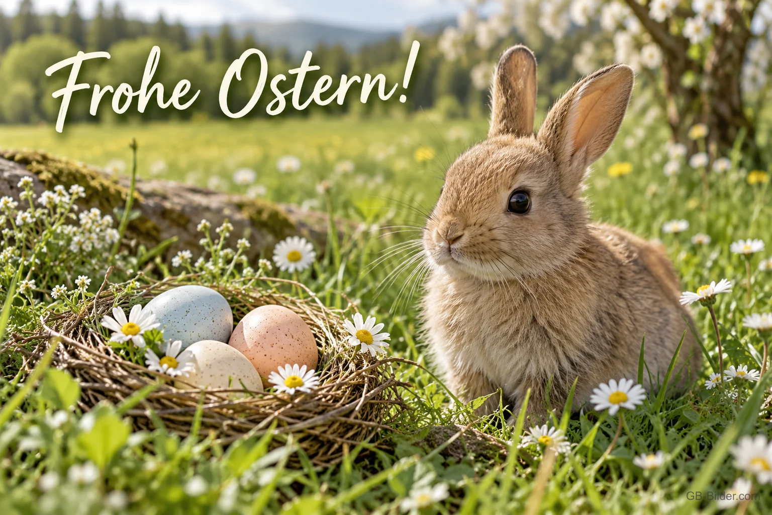 Hase neben einem Nest mit Ostereiern auf einer Blumenwiese, Text: Frohe Ostern! Hase neben einem Nest mit Ostereiern auf einer Blumenwiese, Text: Frohe Ostern!