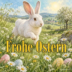 Springender Hase in der Wiese, Text: Frohe Ostern