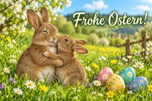 Zwei Hasen kuscheln auf einer Wiese neben bunten Ostereiern, Text: Frohe Ostern!