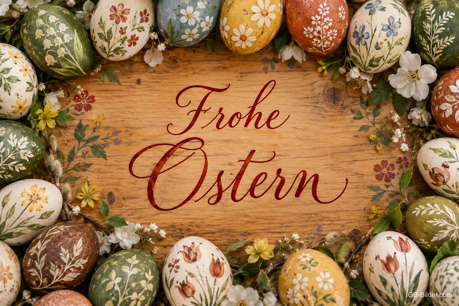 Bemalte Ostereier um ein Holzschild, Text: Frohe Ostern