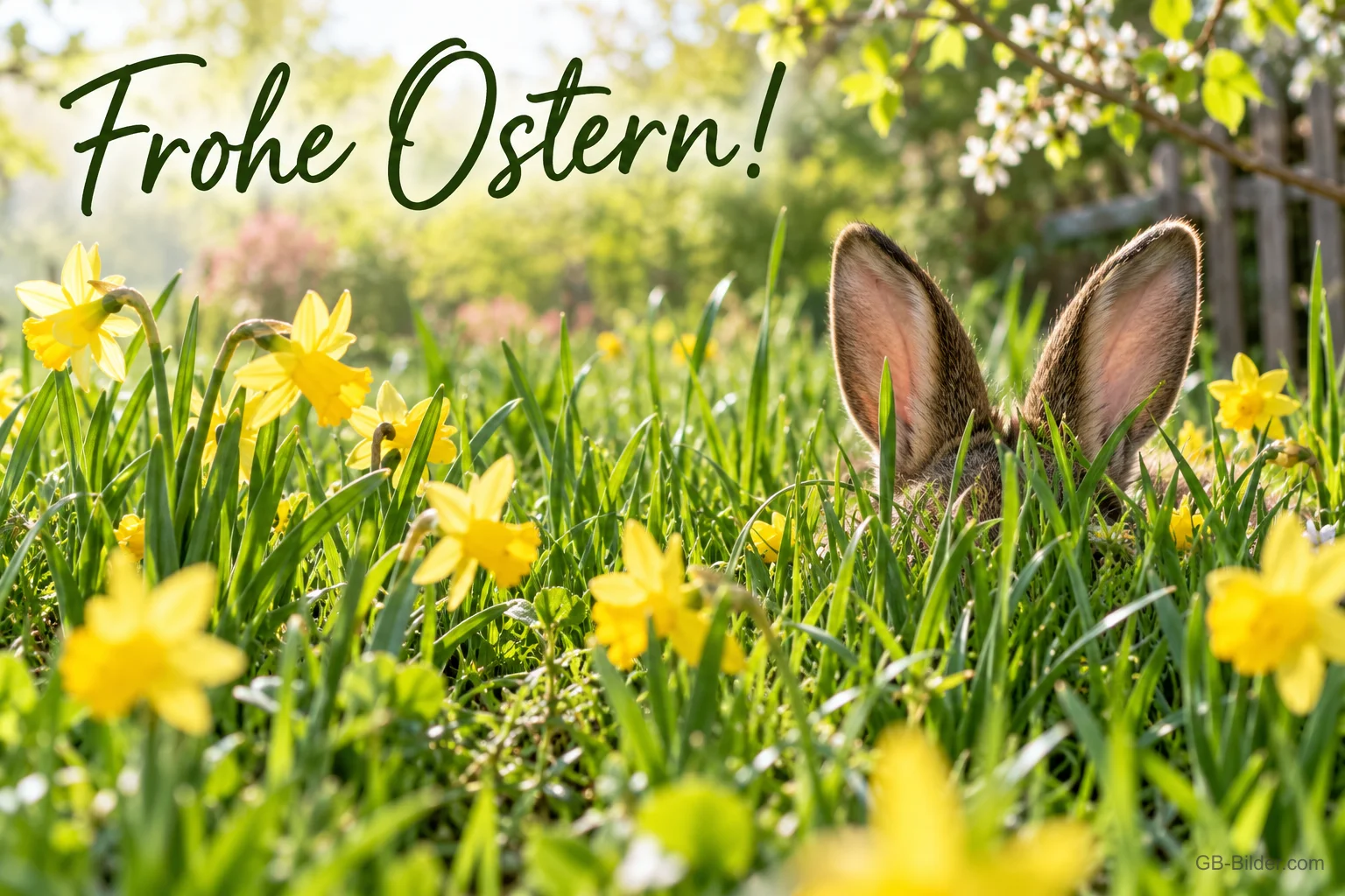 Hasenohren schauen aus einer Wiese mit Narzissen, Text: Frohe Ostern! Hasenohren schauen aus einer Wiese mit Narzissen, Text: Frohe Ostern!