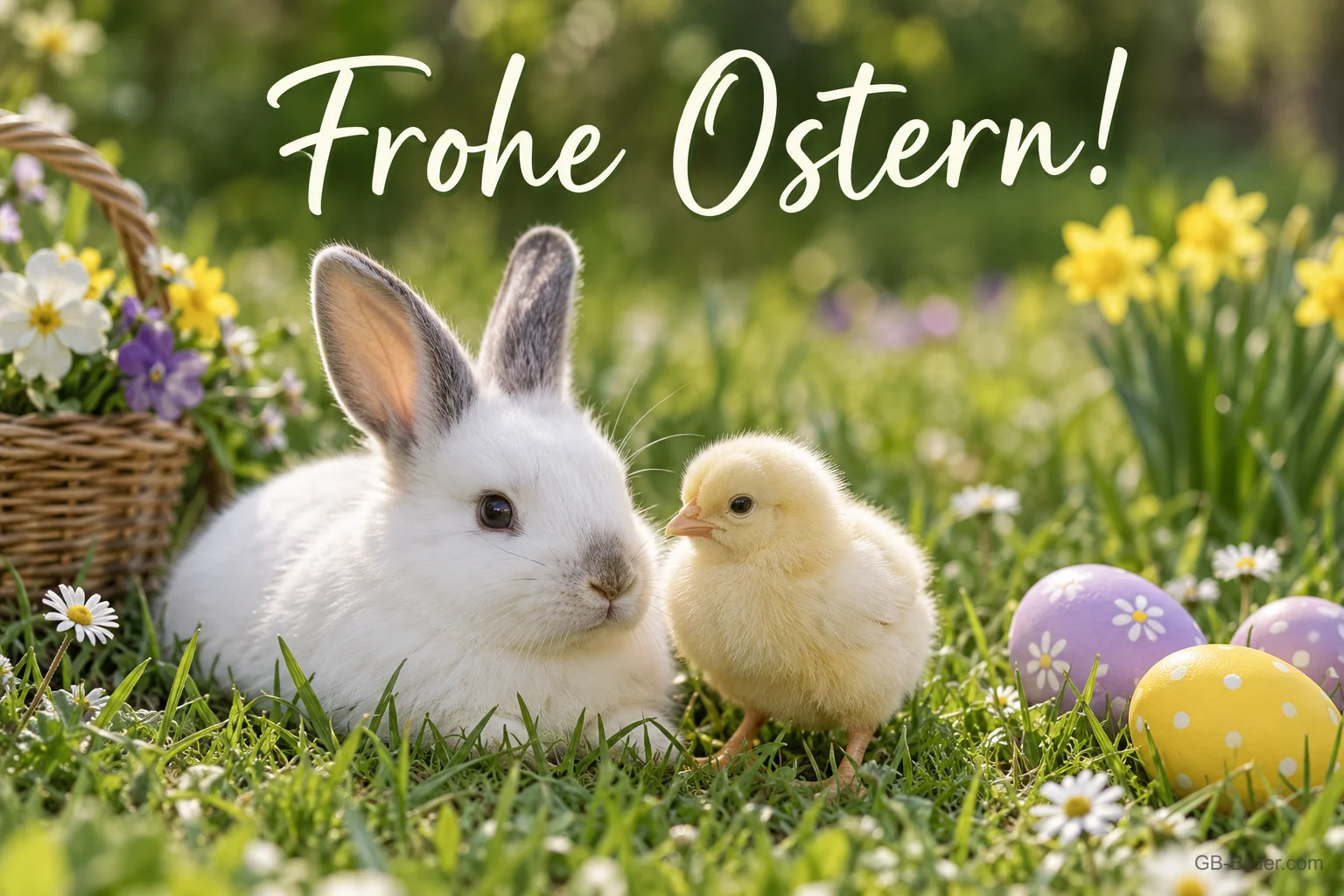 Weißes Häschen und Küken auf der Frühlingswiese mit bunten Ostereiern, Text: Frohe Ostern!