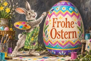 Hase in Latzhose bemalt ein großes Osterei, Text: Frohe Ostern