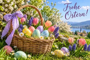 Korb mit Ostereiern und lila Schleife zwischen Tulpen, Text: Frohe Ostern!