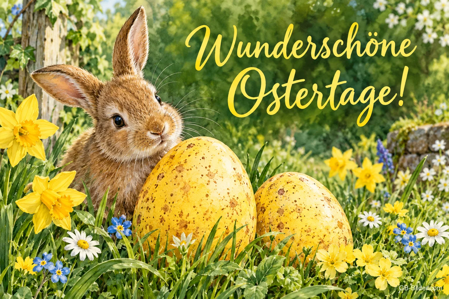 Hase neben zwei großen gelben Eiern zwischen Narzissen, Text: Wunderschöne Ostertage! Hase neben zwei großen gelben Eiern zwischen Narzissen, Text: Wunderschöne Ostertage!