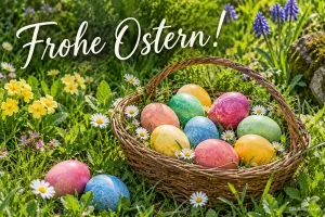 Korb mit bunten Ostereiern zwischen Primeln, Text: Frohe Ostern!