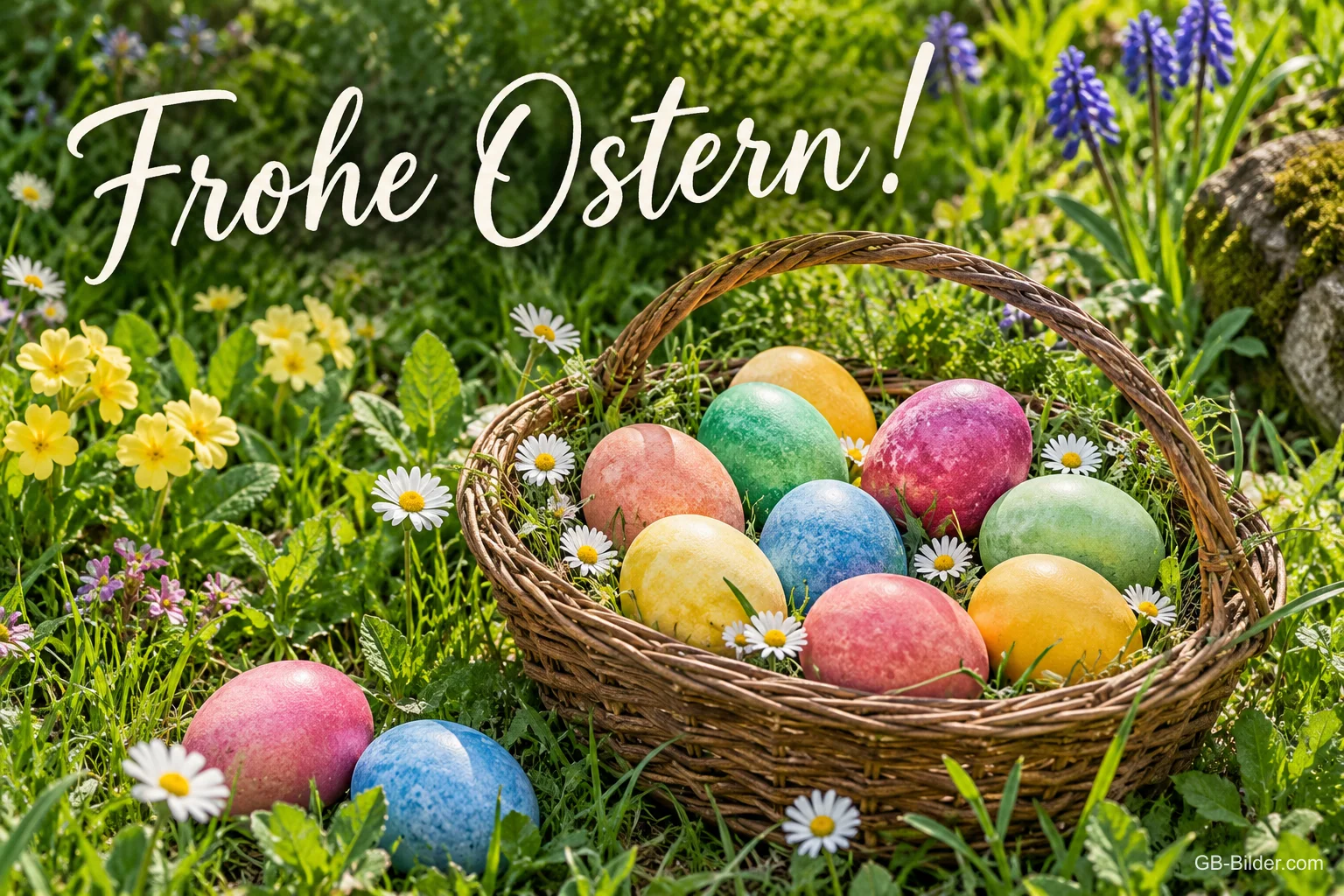 Korb mit bunten Ostereiern zwischen Primeln, Text: Frohe Ostern! Korb mit bunten Ostereiern zwischen Primeln, Text: Frohe Ostern!