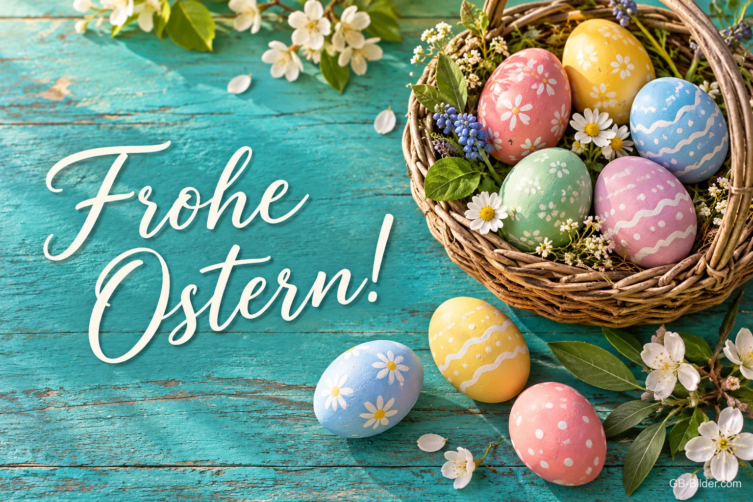 Nest mit bemalten Ostereiern auf türkisem Holz, Text: Frohe Ostern! Nest mit bemalten Ostereiern auf türkisem Holz, Text: Frohe Ostern!