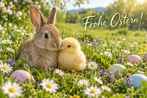 Hase und Küken kuscheln auf einer Blumenwiese, Text: Frohe Ostern!