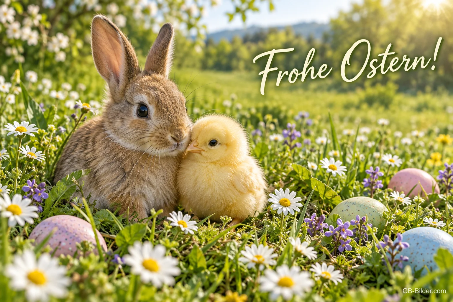 Hase und Küken kuscheln auf einer Blumenwiese, Text: Frohe Ostern! Hase und Küken kuscheln auf einer Blumenwiese, Text: Frohe Ostern!