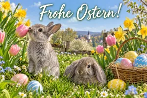 Zwei Hasen zwischen Tulpen neben einem Eierkorb, Text: Frohe Ostern!