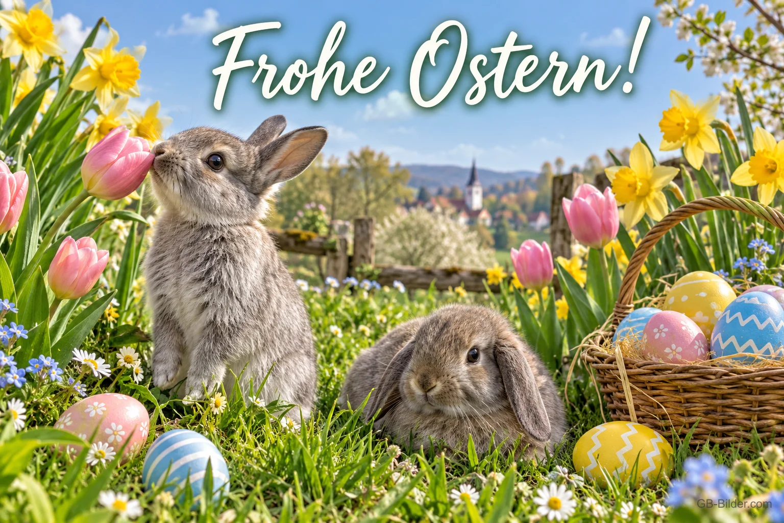 Zwei Hasen zwischen Tulpen neben einem Eierkorb, Text: Frohe Ostern! Zwei Hasen zwischen Tulpen neben einem Eierkorb, Text: Frohe Ostern!