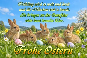 Viele Hasen zwischen Ostereiern auf einer Frühlingswiese, Text: Frühling wird es weit und breit und die Häschen steh’n bereit. Sie bringen zu der Osterfeier viele bunt bemalte Eier. Frohe Ostern