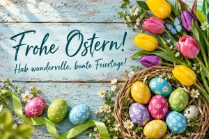 Tulpen und Nest mit bunten Ostereiern auf hellblauem Holz, Text: Frohe Ostern! Hab wundervolle, bunte Feiertage!
