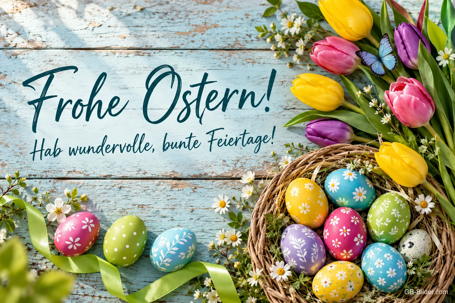 Tulpen und Nest mit bunten Ostereiern auf hellblauem Holz, Text: Frohe Ostern! Hab wundervolle, bunte Feiertage! Tulpen und Nest mit bunten Ostereiern auf hellblauem Holz, Text: Frohe Ostern! Hab wundervolle, bunte Feiertage!