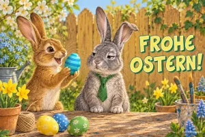 Fröhlicher Hase zeigt einem Hasen mit Krawatte ein bemaltes Osterei, Text: FROHE OSTERN!