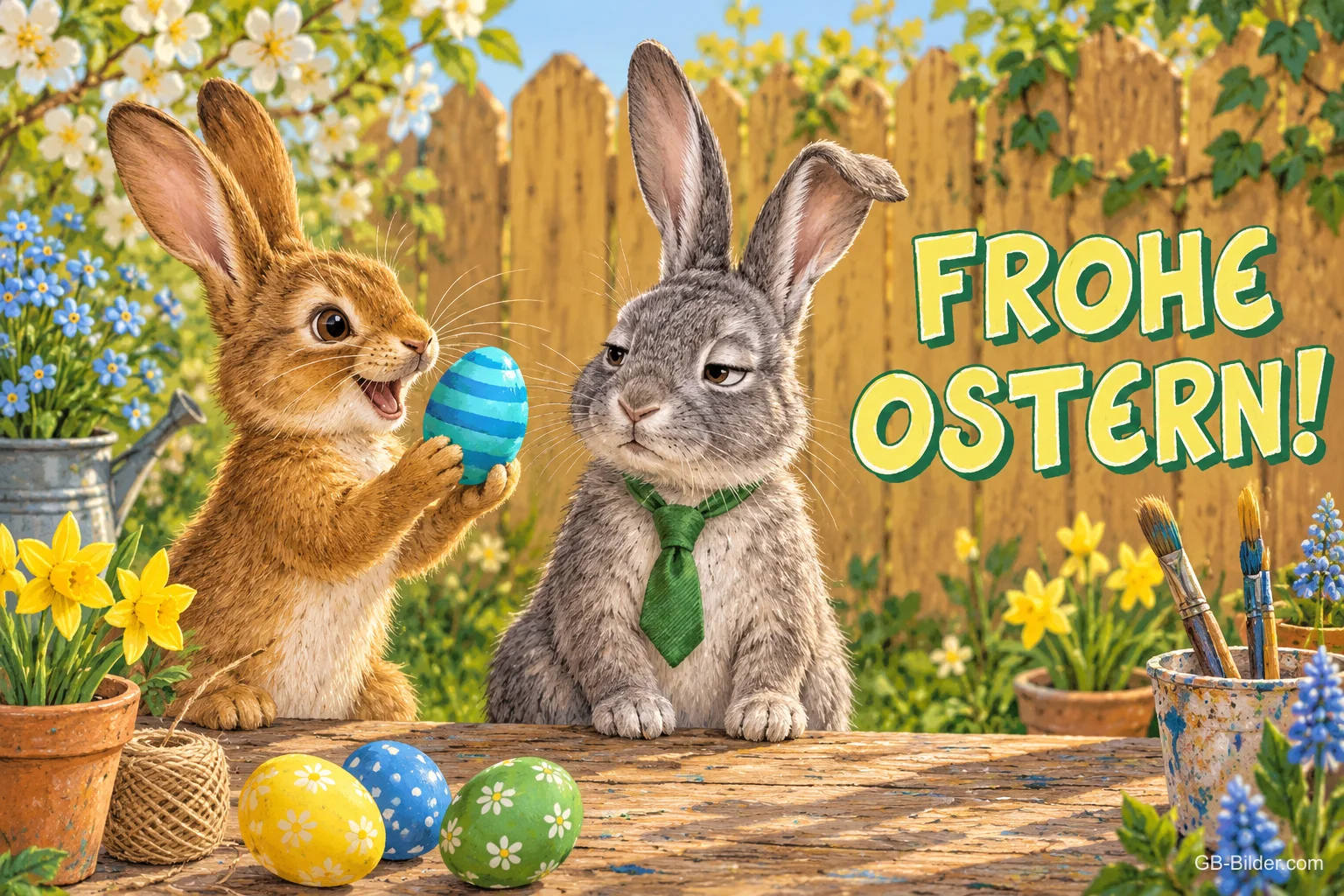 Fröhlicher Hase zeigt einem Hasen mit Krawatte ein bemaltes Osterei, Text: FROHE OSTERN!