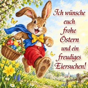Hase mit Fliege und roter Hose hüpft mit einem Eierkorb über die Wiese, Text: Ich wünsche euch frohe Ostern und ein freudiges Eiersuchen!