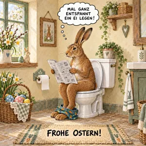 Hase mit Zeitung, lustiger Osterspruch, Text: MAL GANZ ENTSPANNT EIN EI LEGEN