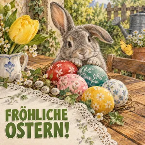 Hase hinter bemalten Ostereiern und Tulpen auf einem Tisch, Text: FRÖHLICHE OSTERN!