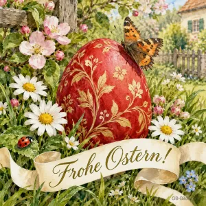 Verziertes Osterei mit Schmetterling, Text: Frohe Ostern