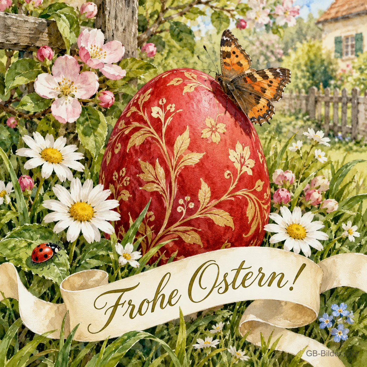 Verziertes Osterei mit Schmetterling, Text: Frohe Ostern