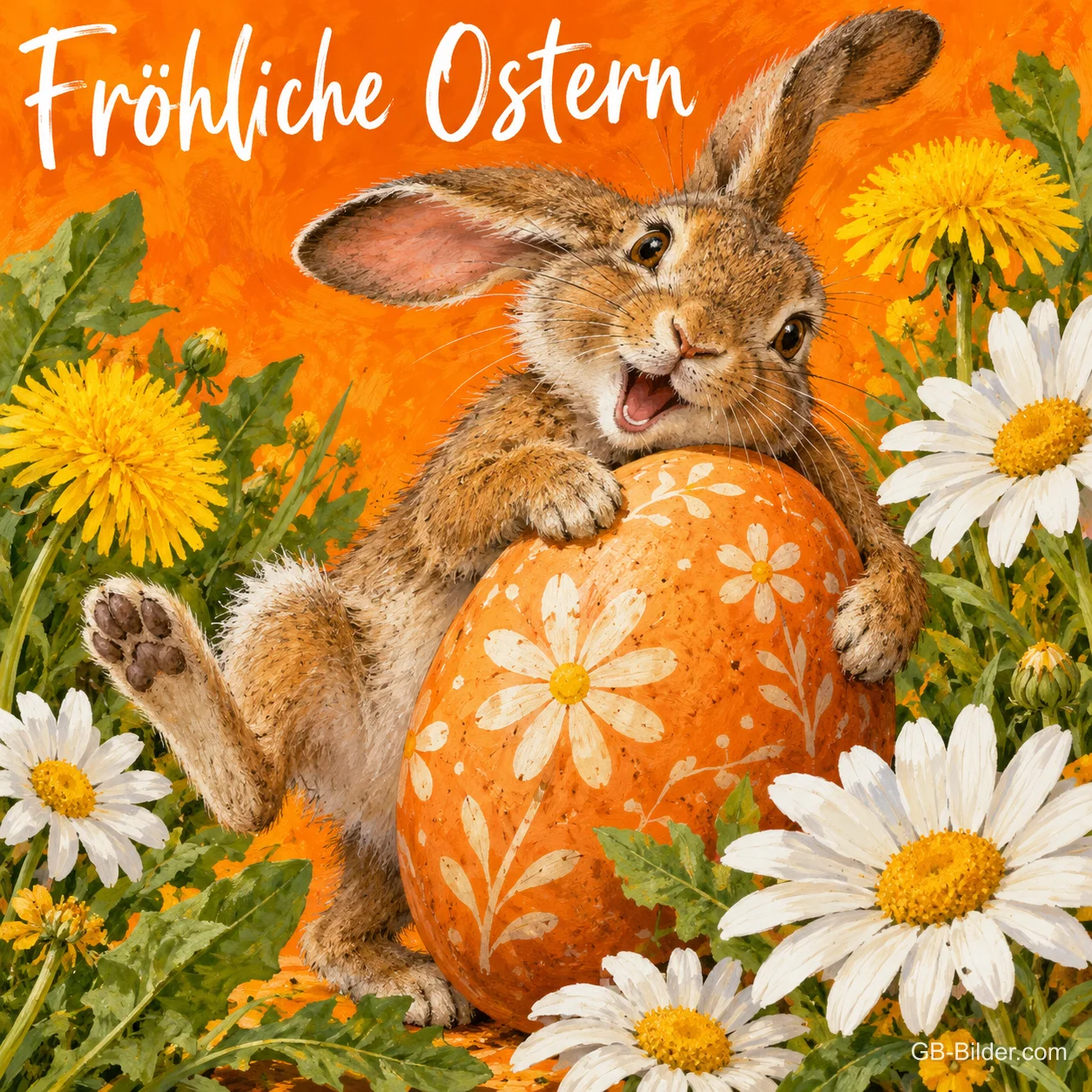 Hase umarmt lachend ein großes bemaltes Osterei zwischen Blumen, Text: Fröhliche Ostern Hase umarmt lachend ein großes bemaltes Osterei zwischen Blumen, Text: Fröhliche Ostern