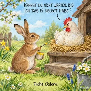 Hase mit Pinsel und Huhn, lustiger Osterspruch, Text: Kannst du nicht warten, bis ich das Ei gelegt habe
