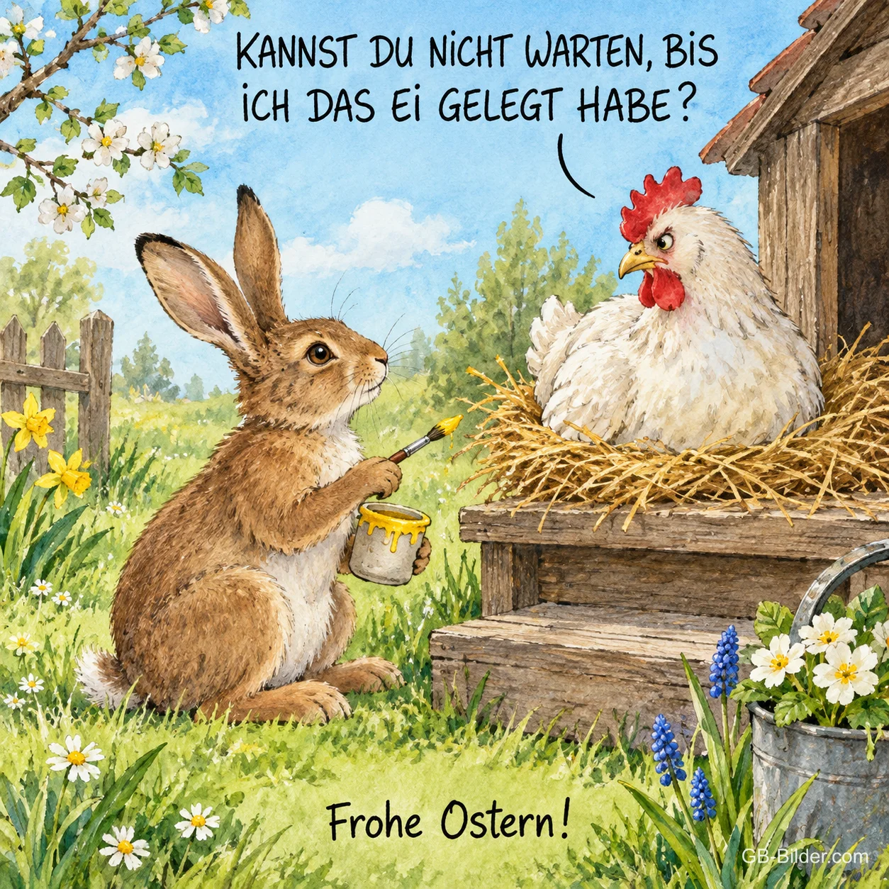 Hase mit Pinsel und Huhn, lustiger Osterspruch, Text: Kannst du nicht warten, bis ich das Ei gelegt habe
