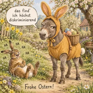 Esel im Hasenkostüm, lustiger Osterspruch, Text: das find' ich höchst diskriminierend