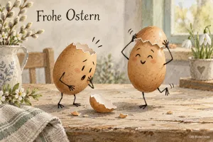 Zwei Eier mit Gesichtern, eines mit gesprungener Schale, Text: Frohe Ostern